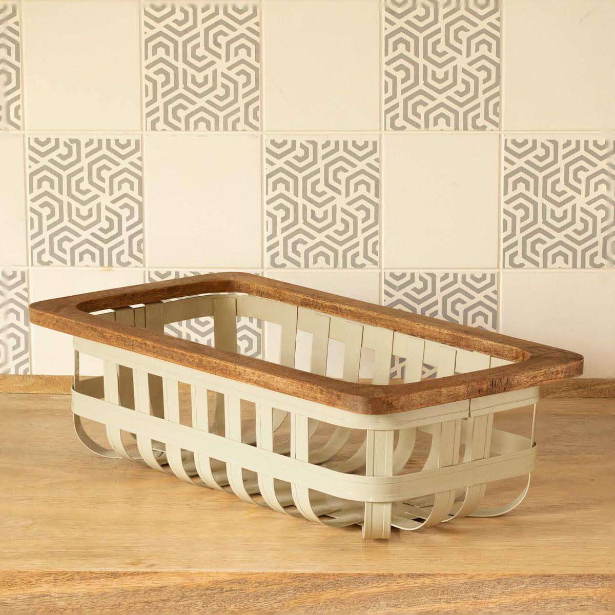 egg shell rectangular metal basket with wooden trim