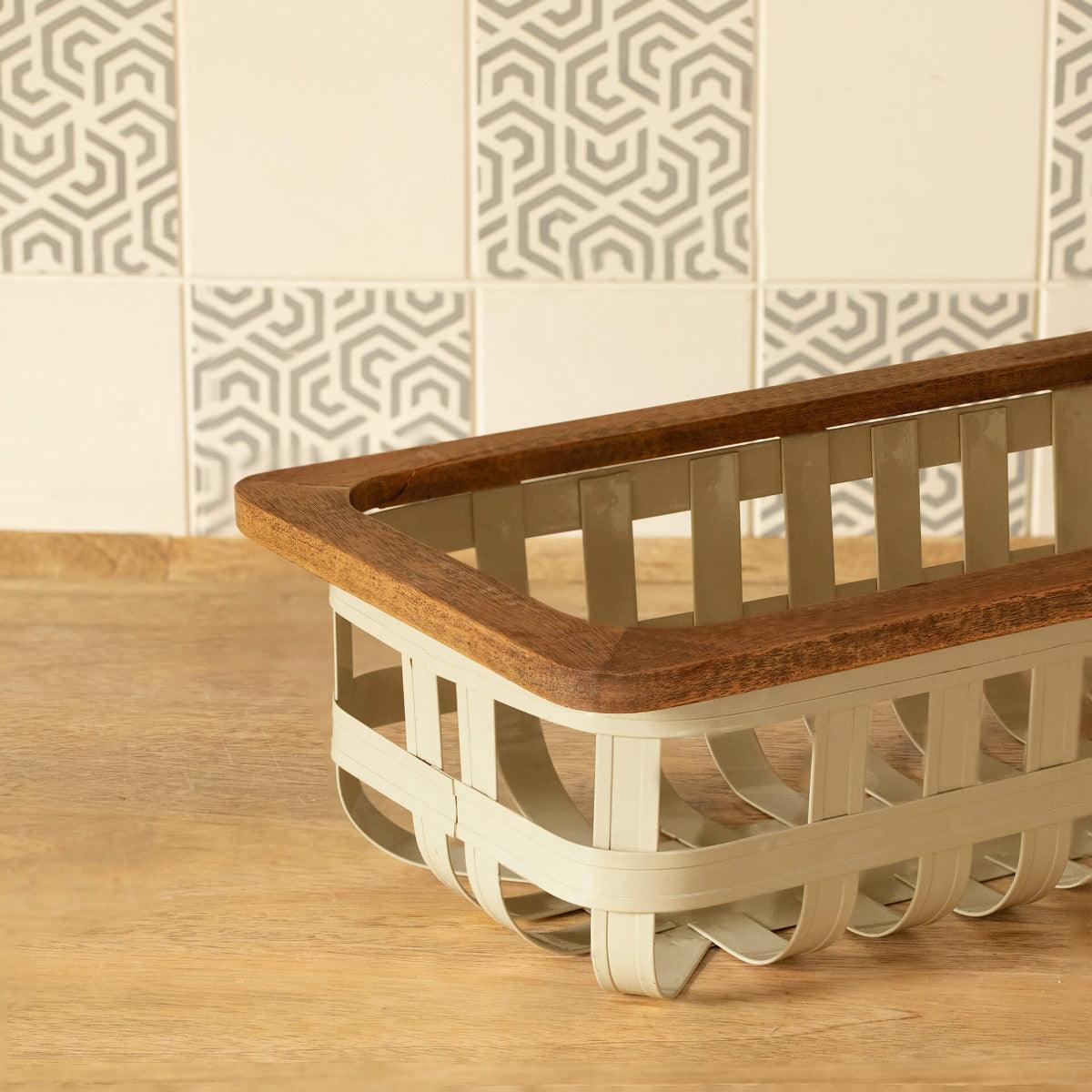 egg shell rectangular metal basket with wooden trim