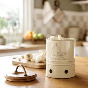 Egg Shell Metal Garlic Storage Bin With Wooden Lid