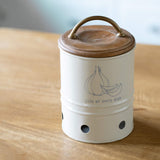egg shell metal garlic storage bin with wooden lid - ellementry