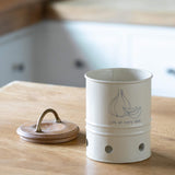 egg shell metal garlic storage bin with wooden lid - ellementry