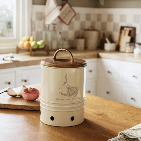 egg shell metal onion storage bin with wooden lid - ellementry