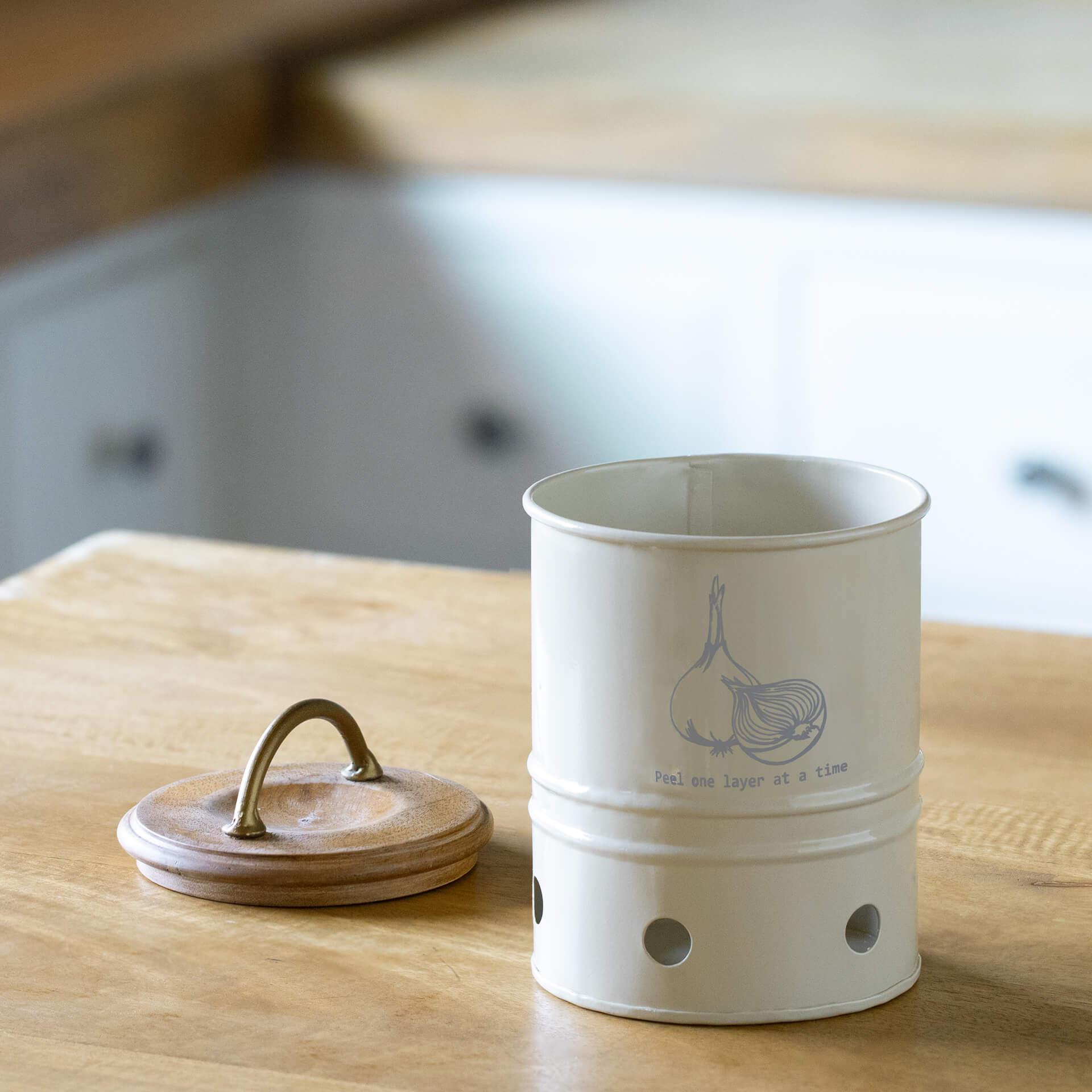 egg shell metal onion storage bin with wooden lid
