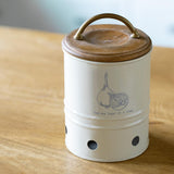 egg shell metal onion storage bin with wooden lid - ellementry