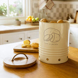 egg shell metal potato storage bin with wooden lid - ellementry