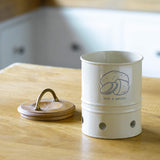 egg shell metal potato storage bin with wooden lid - ellementry