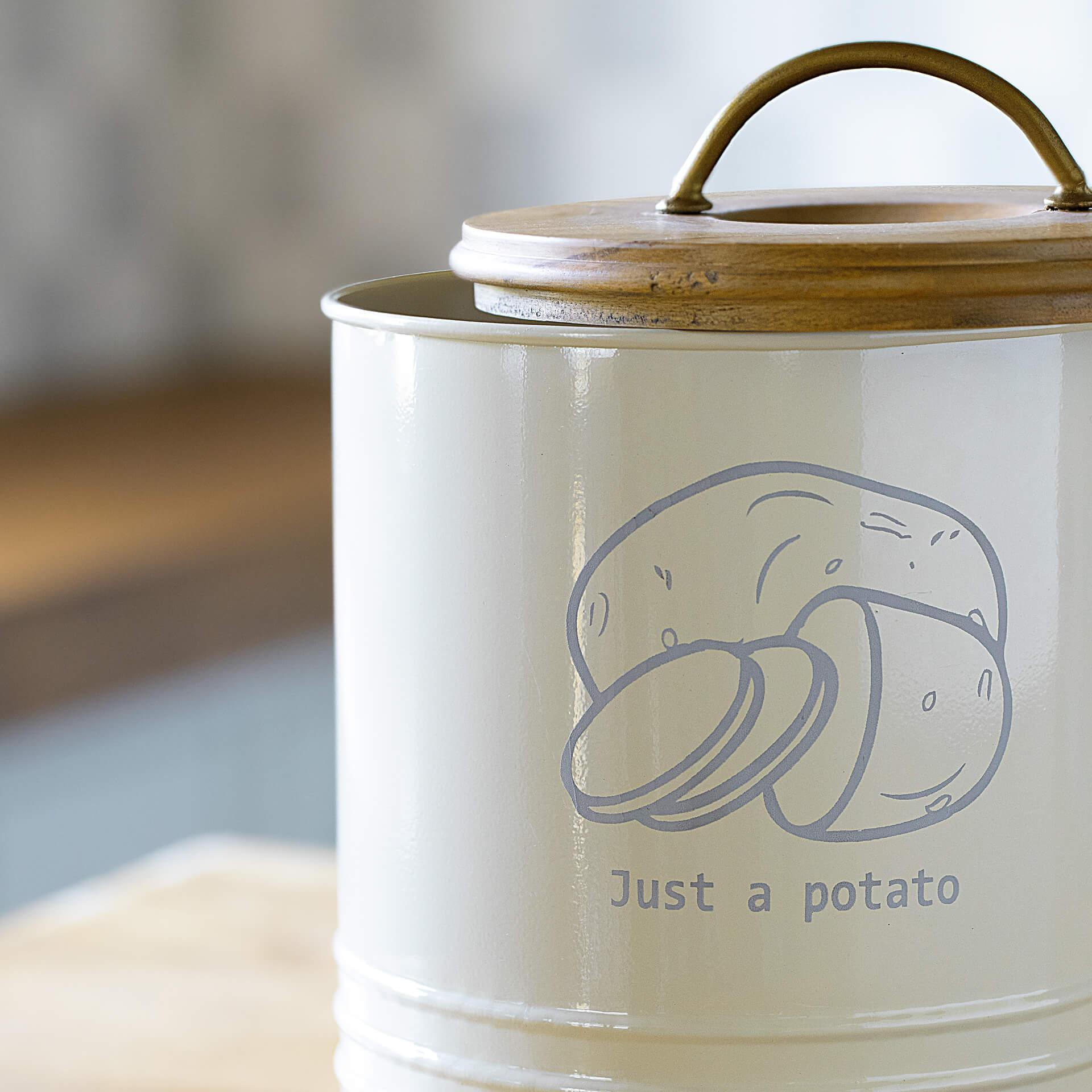 egg shell metal potato storage bin with wooden lid