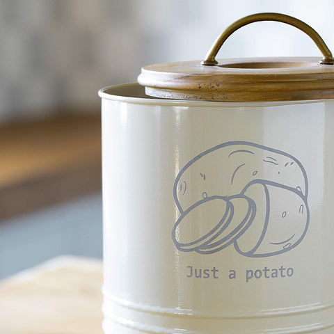 egg shell metal potato storage bin with wooden lid - ellementry
