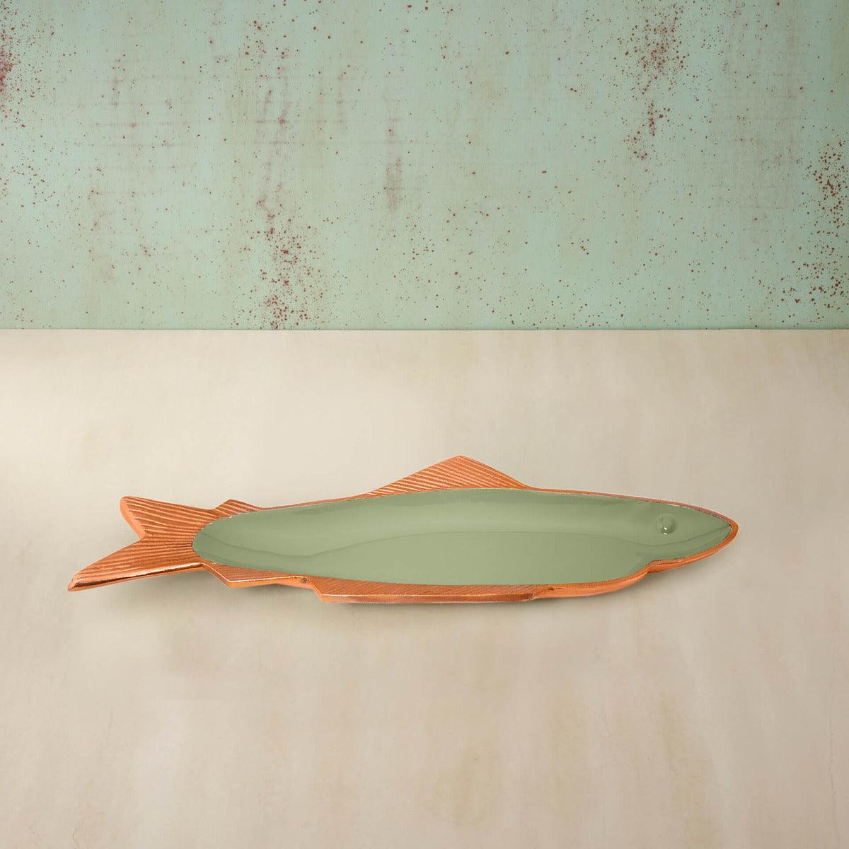 sap green fish metal- enamel fusion platter