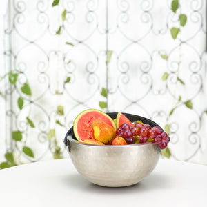 SS Fruit Bowl W/Leather Handle Silver Glossy