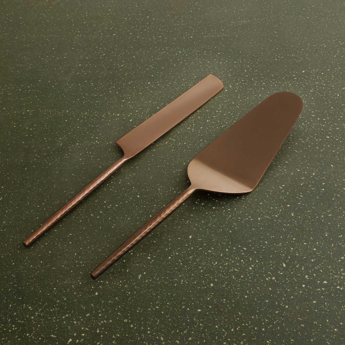 Norah Rose Gold Hammered Handle Cake Server Set Of 2