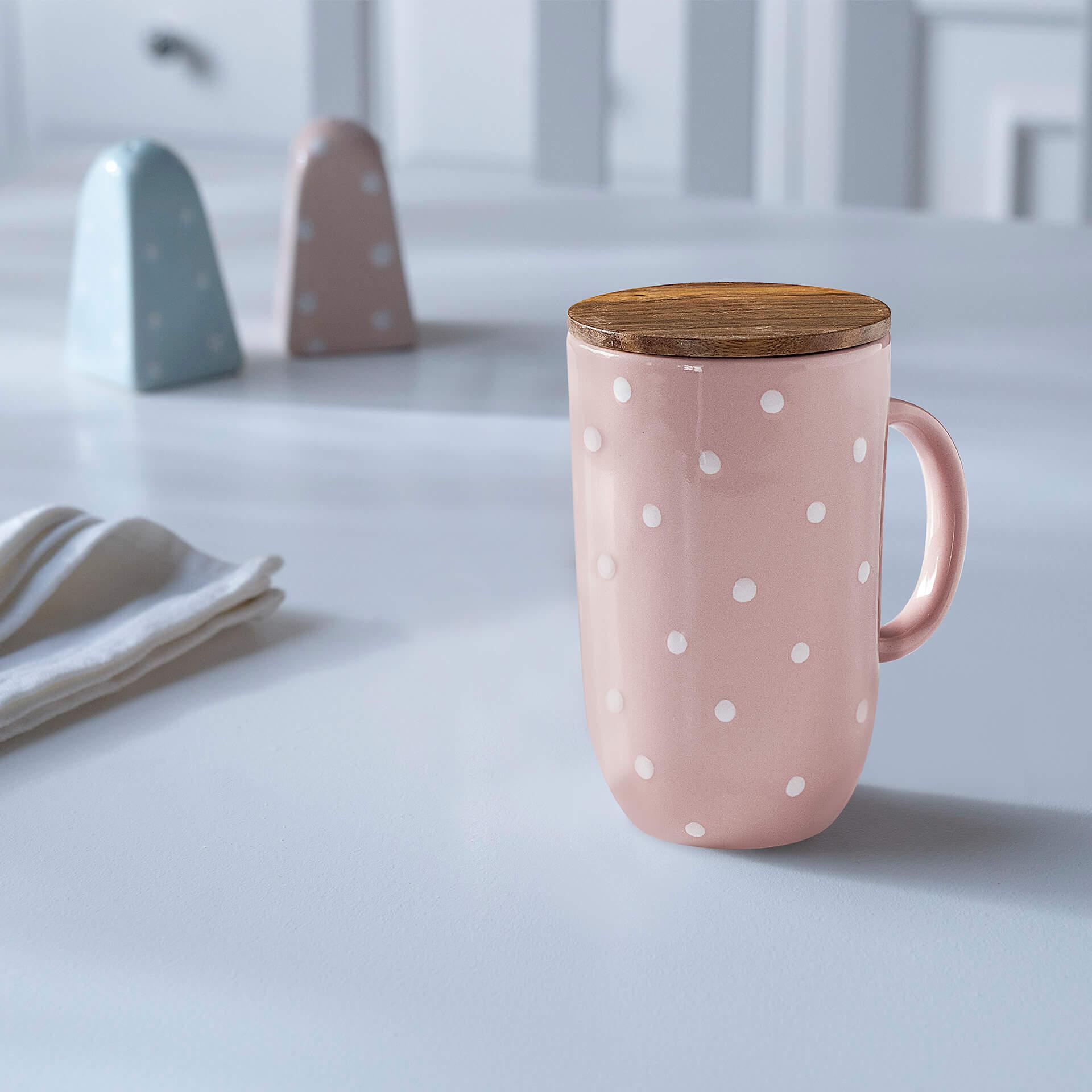 ceramic mug tall polka dots w/wdn lid blush