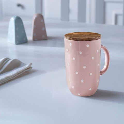 ceramic mug tall polka dots w/wdn lid blush - ellementry