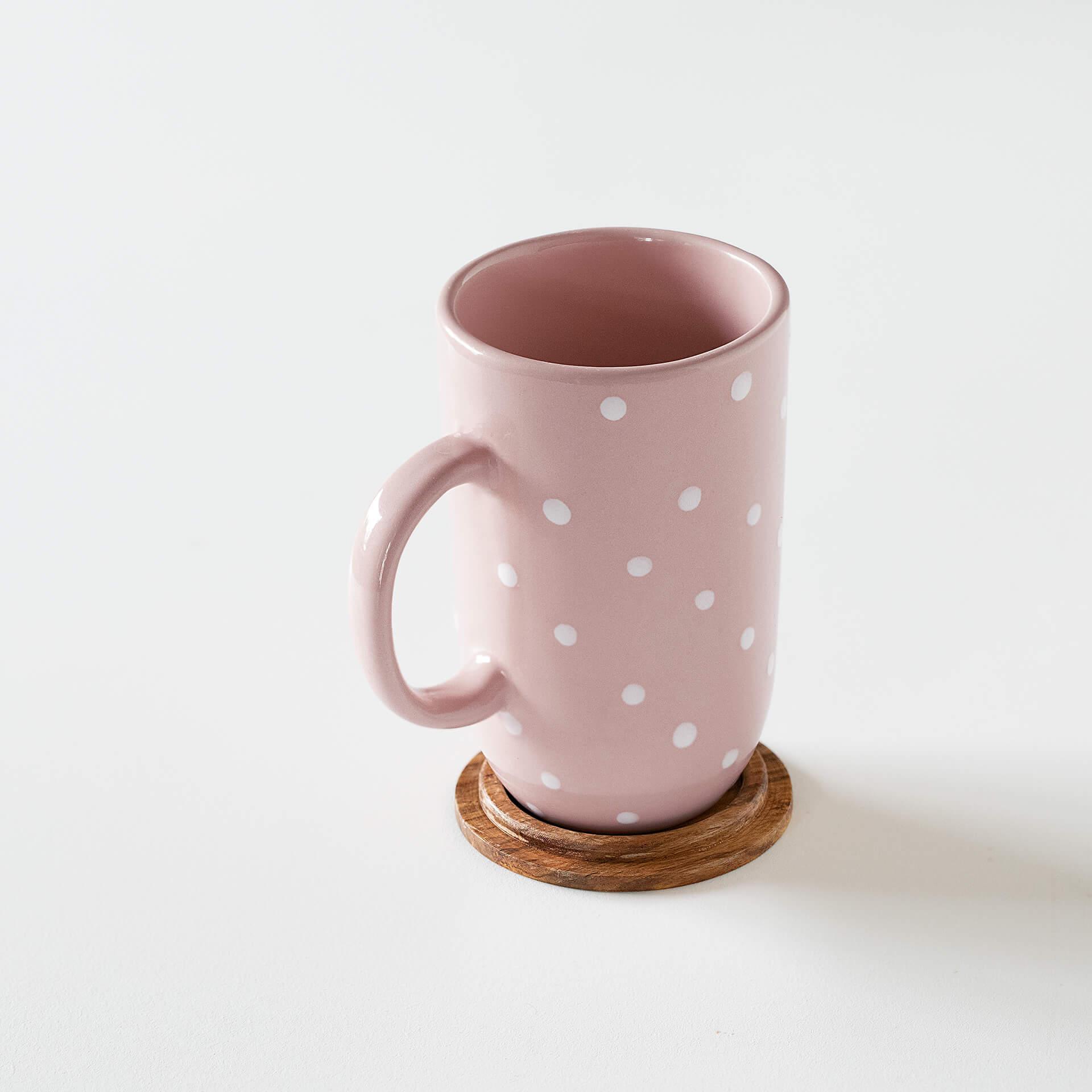 ceramic mug tall polka dots w/wdn lid blush