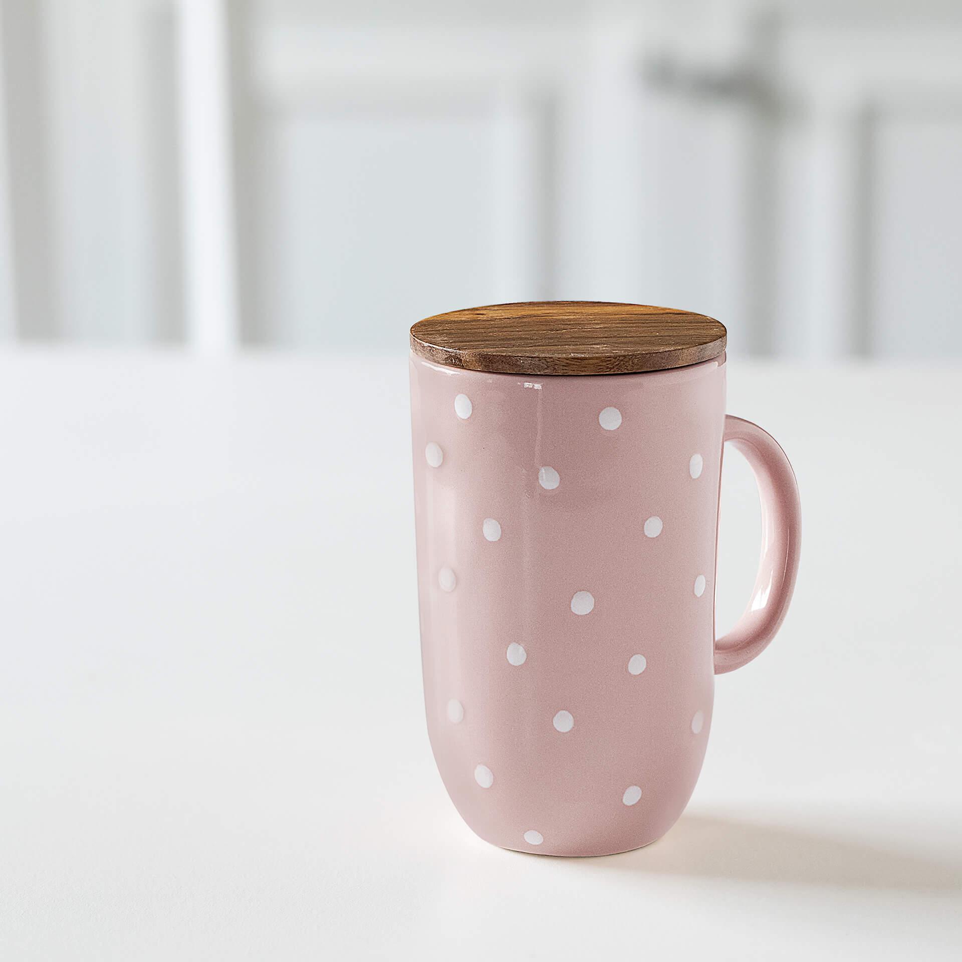 ceramic mug tall polka dots w/wdn lid blush