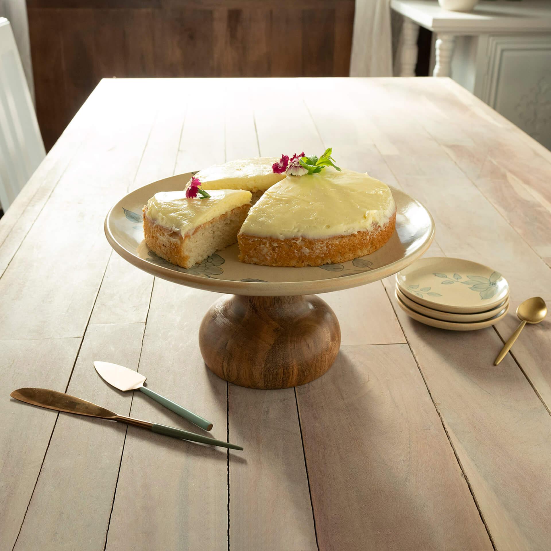 Fiore Ceramic Cake Stand with Wooden Base
