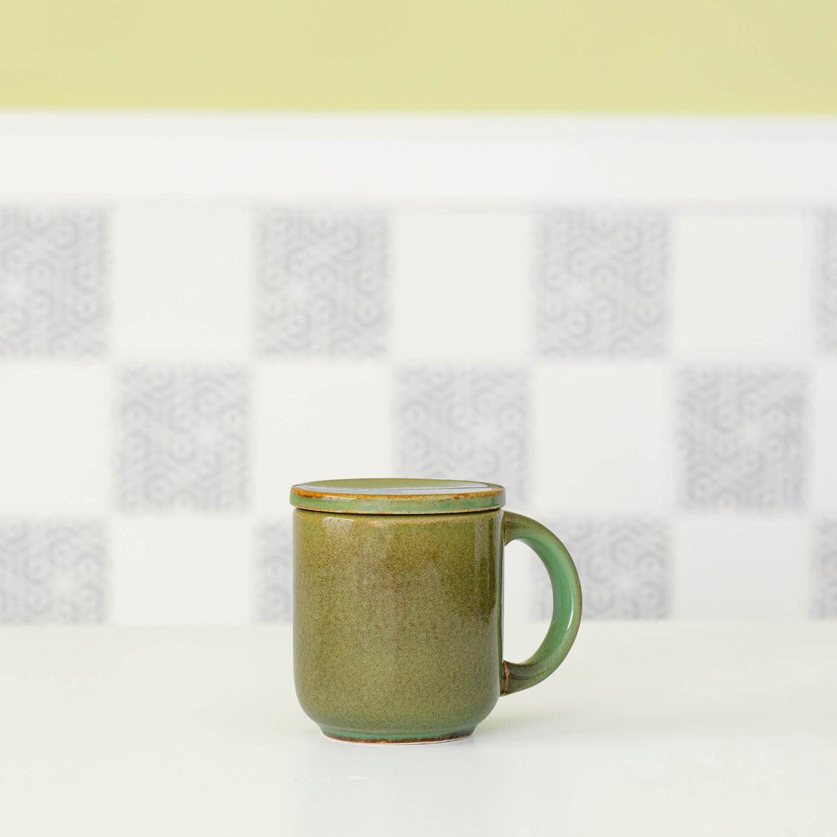 Rustic Sage Ceramic Mug With Ceramic Lid