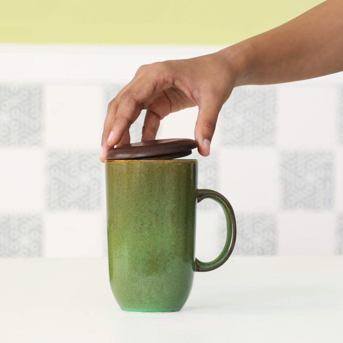 Rustic Sage Ceramic Mug With Wooden Lid