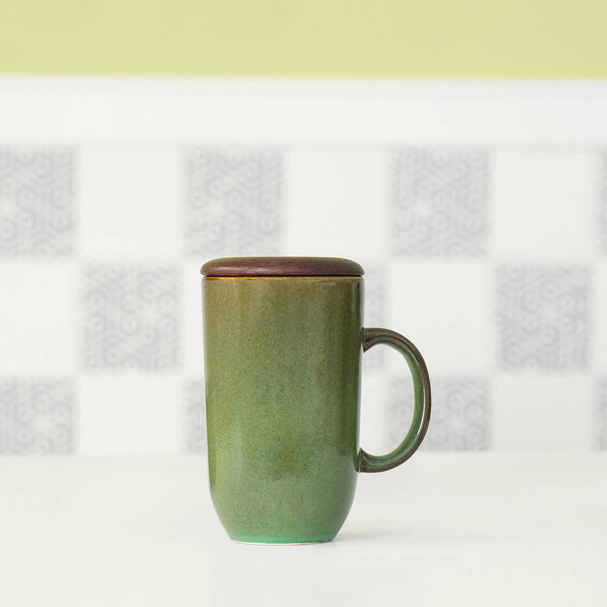 Rustic Sage Ceramic Mug With Wooden Lid