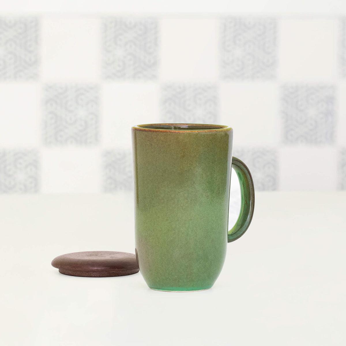 Rustic Sage Ceramic Mug With Wooden Lid