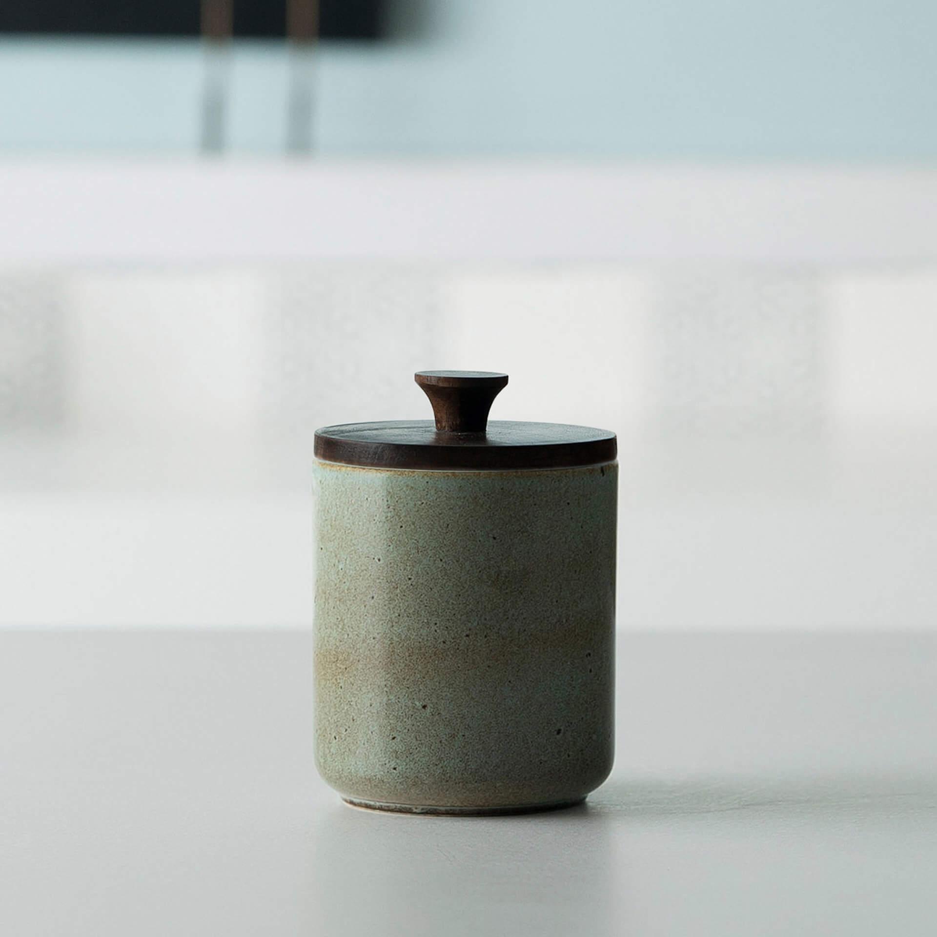 aqua rustic ceramic jar with wooden lid- small
