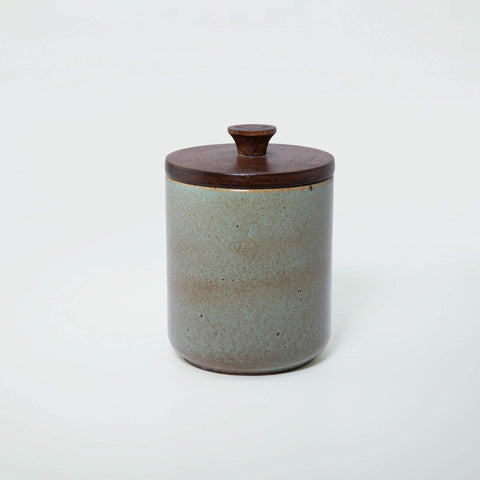 aqua rustic ceramic jar with wooden lid- small - ellementry