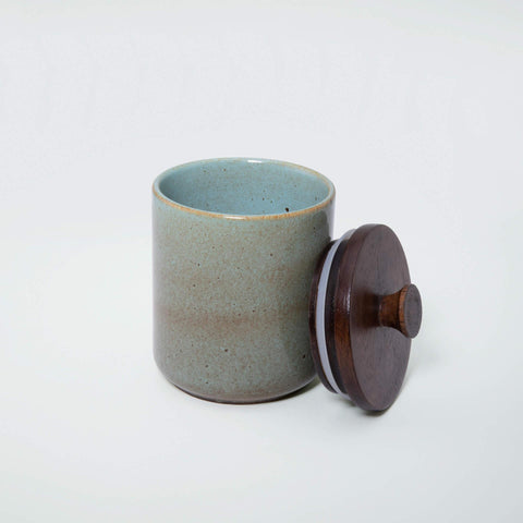 aqua rustic ceramic jar with wooden lid- small - ellementry
