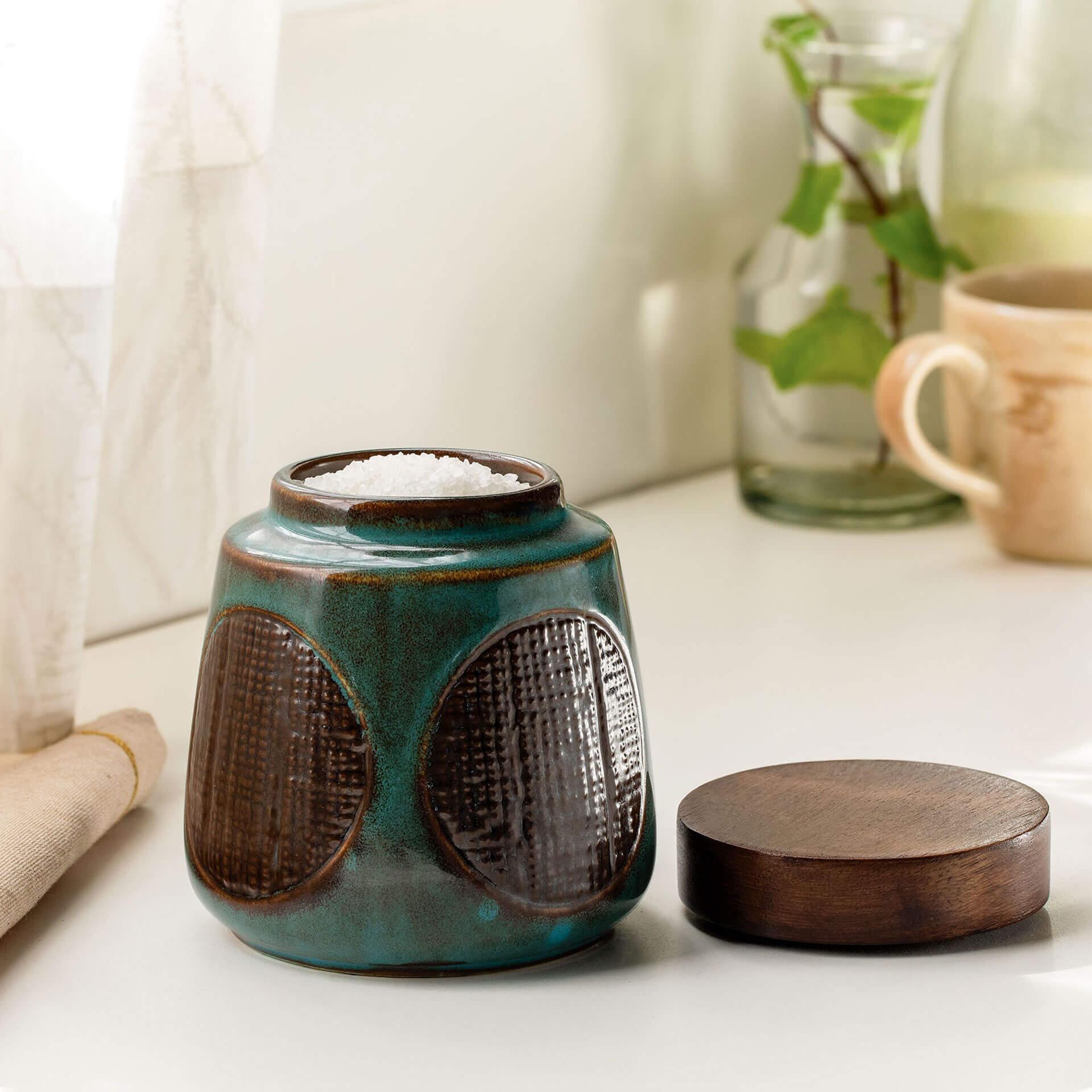 Maze Ceramic Jar with Wooden Lid (Teal Blue)