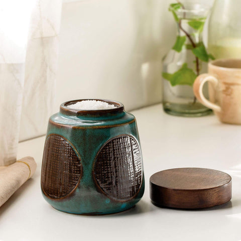 Maze Ceramic Jar with Wooden Lid (Teal Blue) - ellementry