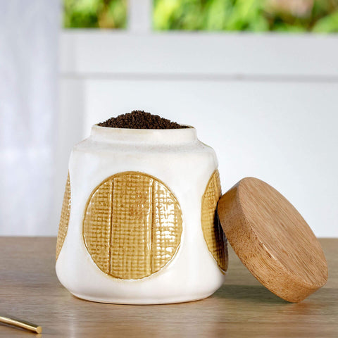 Maze Ceramic Jar with Wooden Lid (White) - ellementry