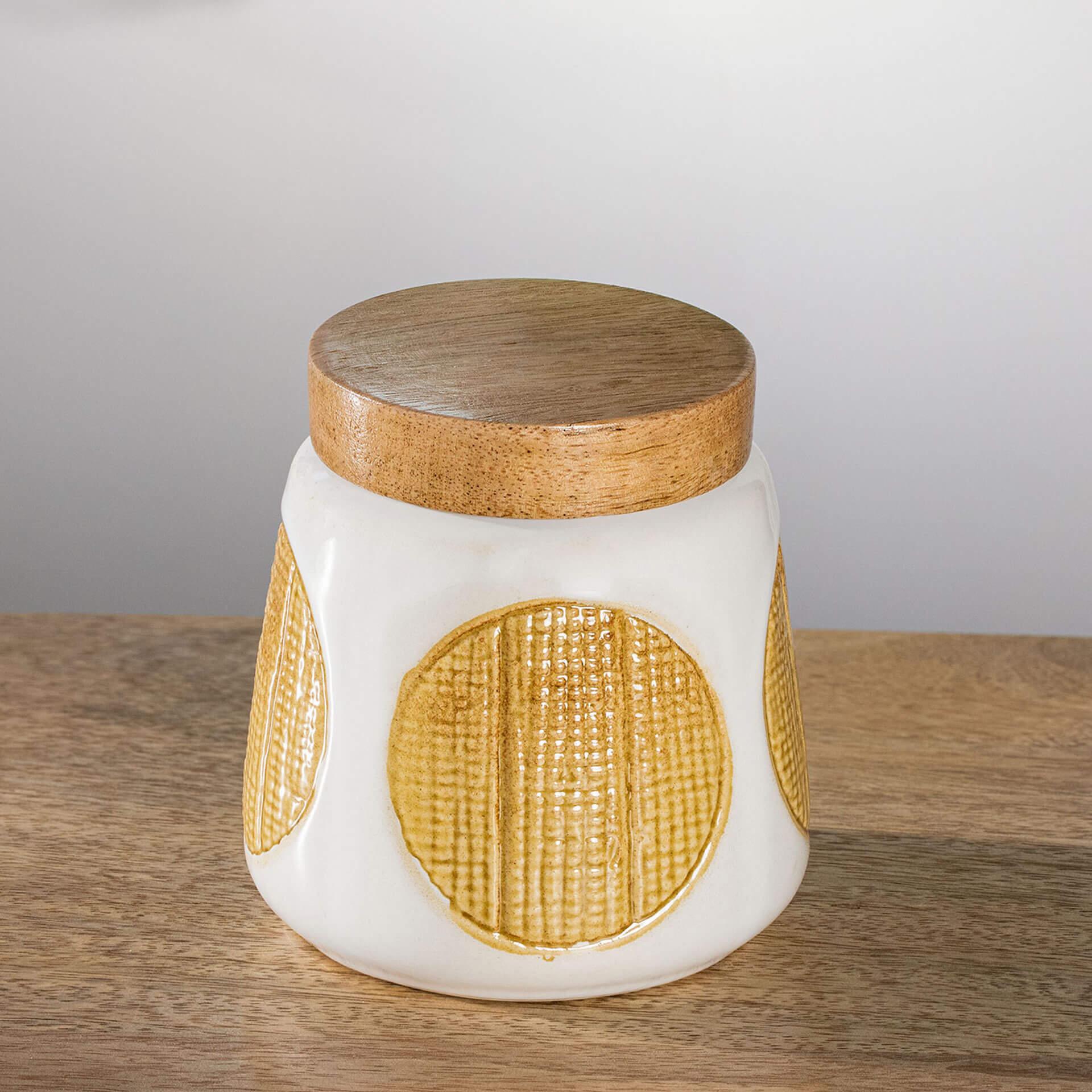 Maze Ceramic Jar with Wooden Lid (White)