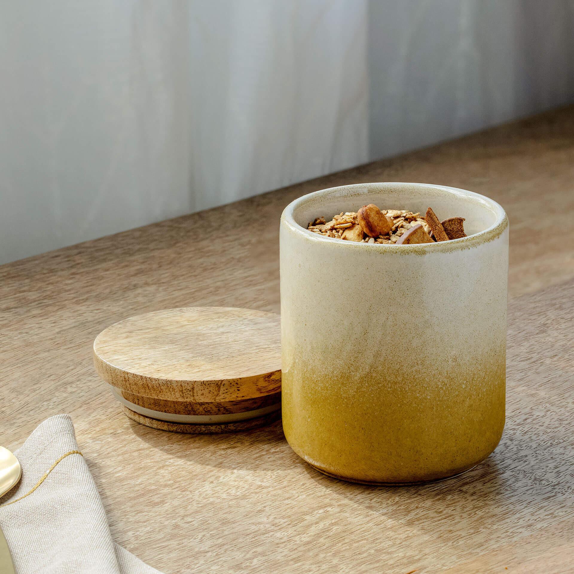Ombre White & Mustard Ceramic Jar with Wooden Lid