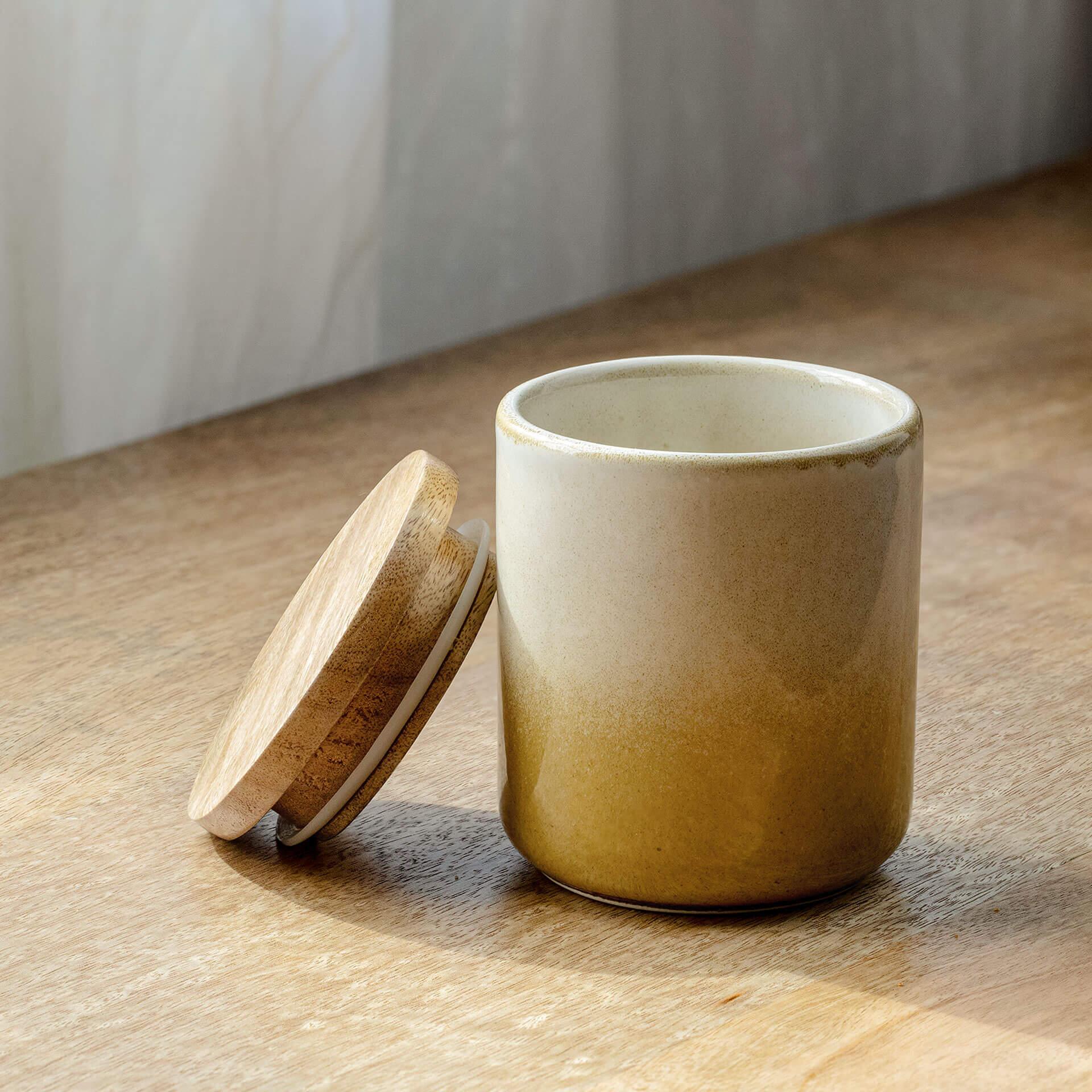 Ombre White & Mustard Ceramic Jar with Wooden Lid