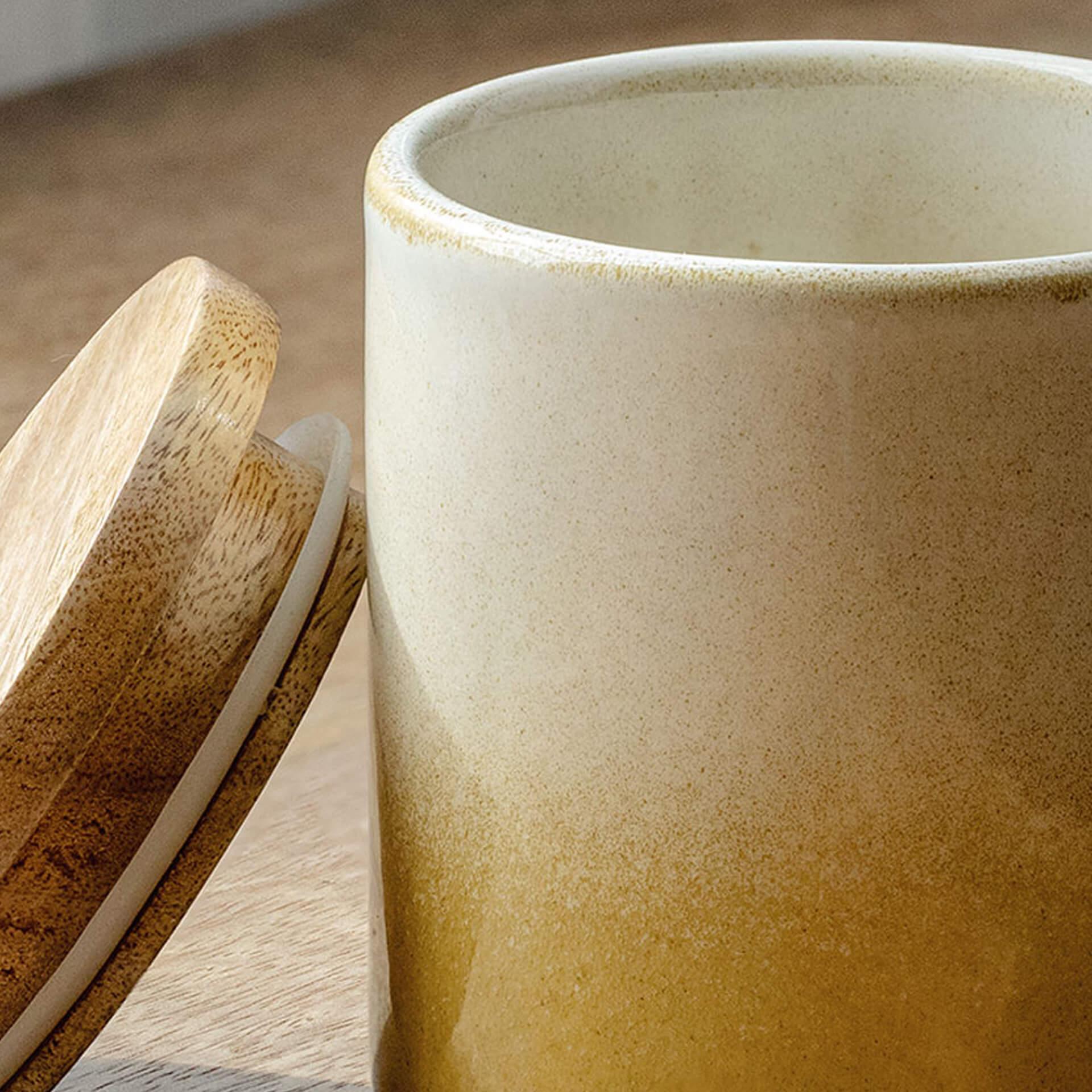 Ombre White & Mustard Ceramic Jar with Wooden Lid