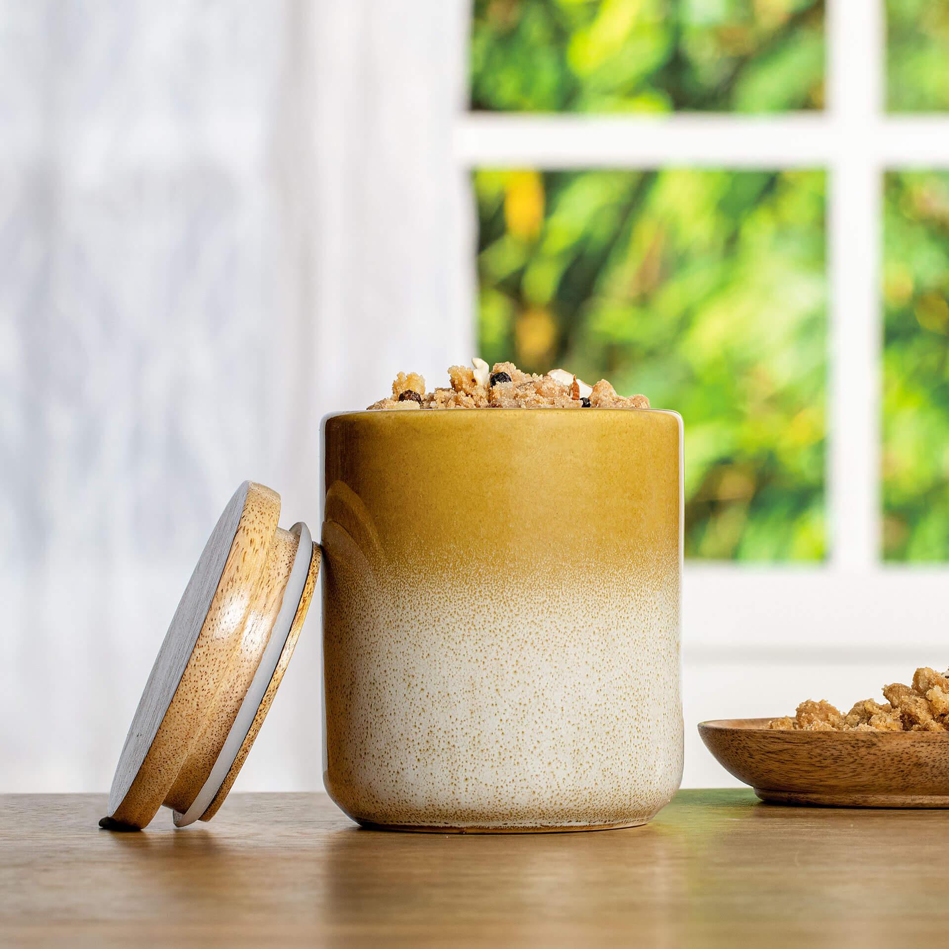 Ombre Mustard & White Ceramic Jar with Wooden Lid