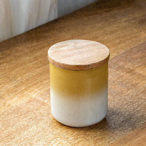 Ombre Mustard & White Ceramic Jar with Wooden Lid - ellementry