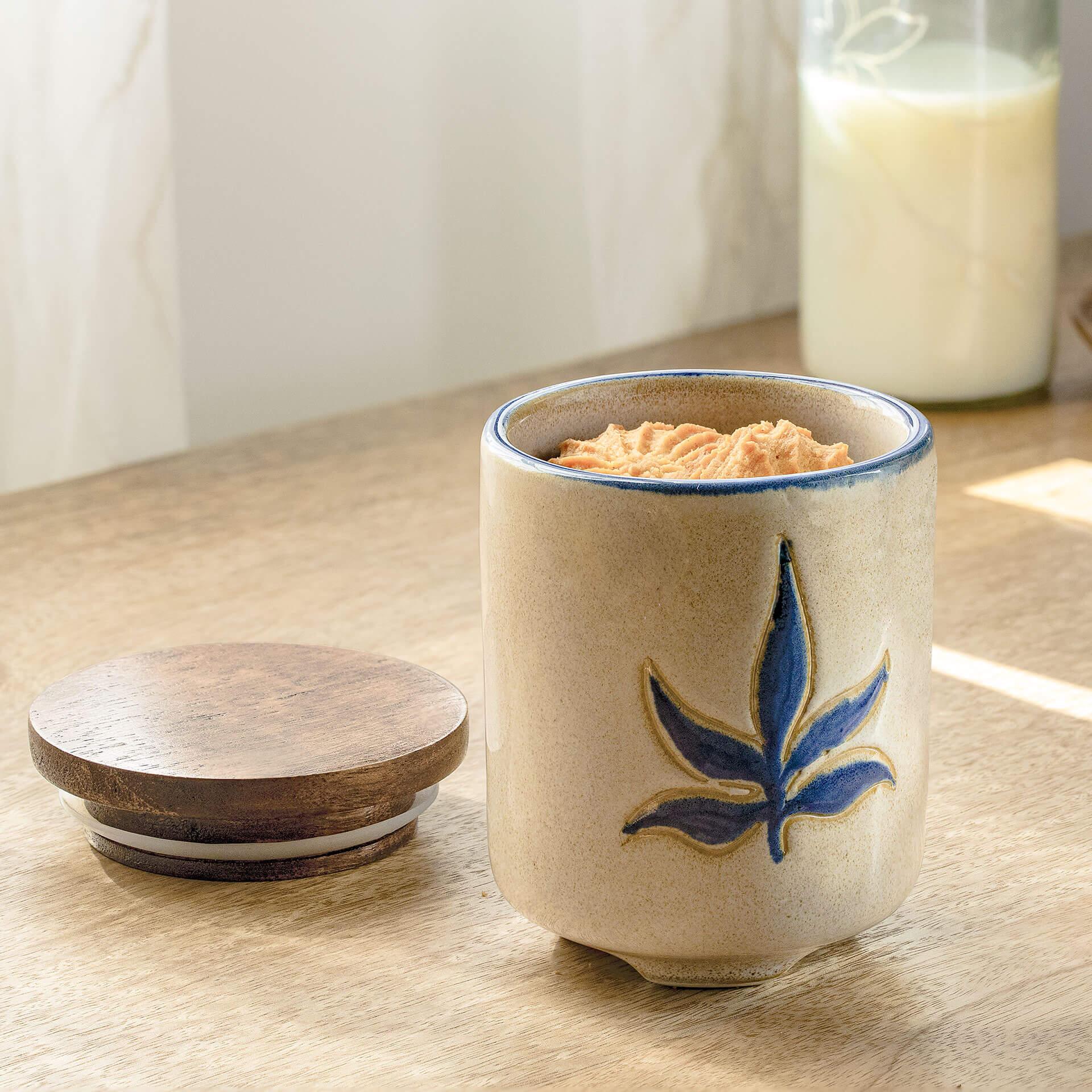 Leaf Ceramic Jar with Wooden Lid