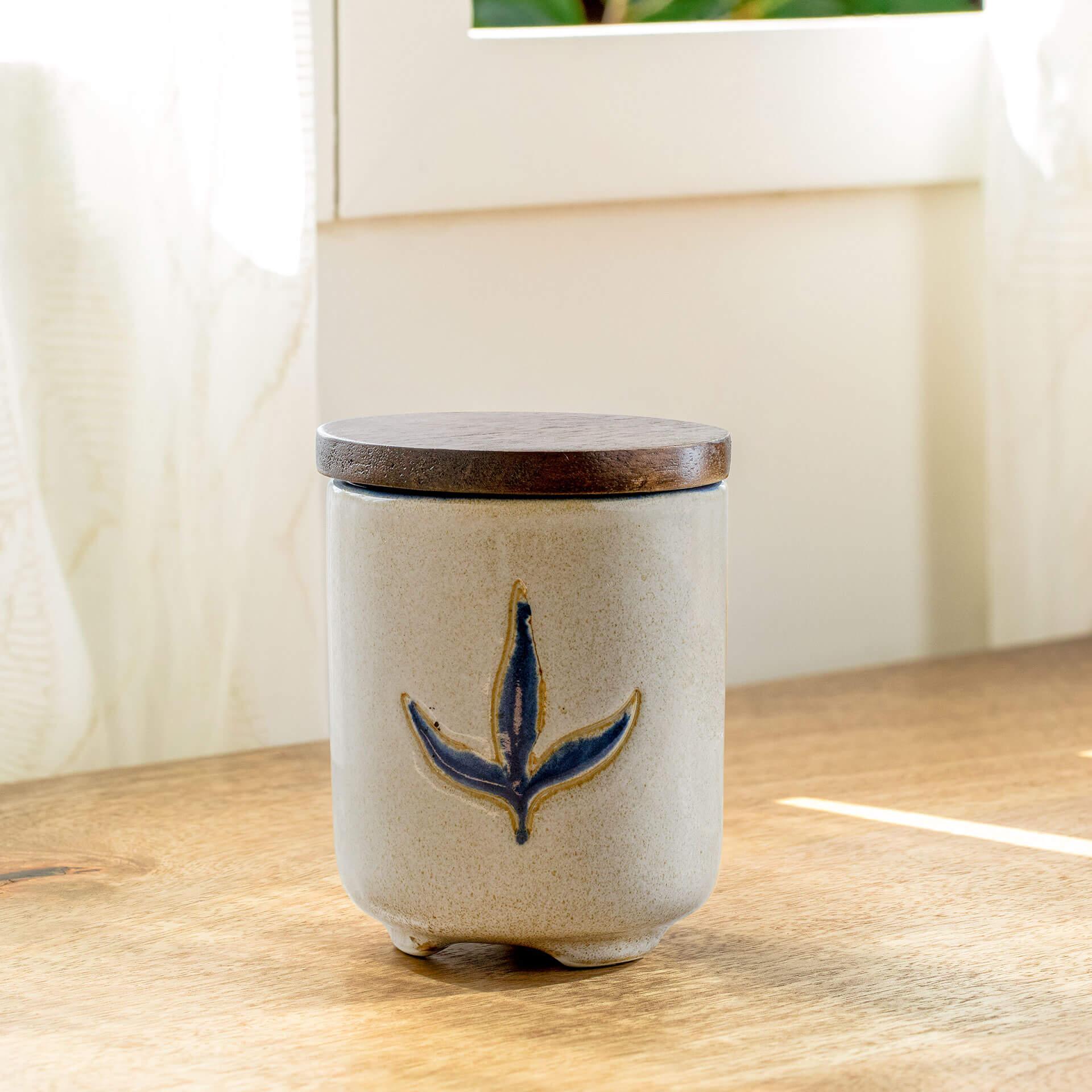 Leaf Ceramic Jar with Wooden Lid
