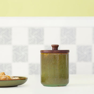 Rustic Sage Ceramic Jar with Wooden Lid (Small) - ellementry