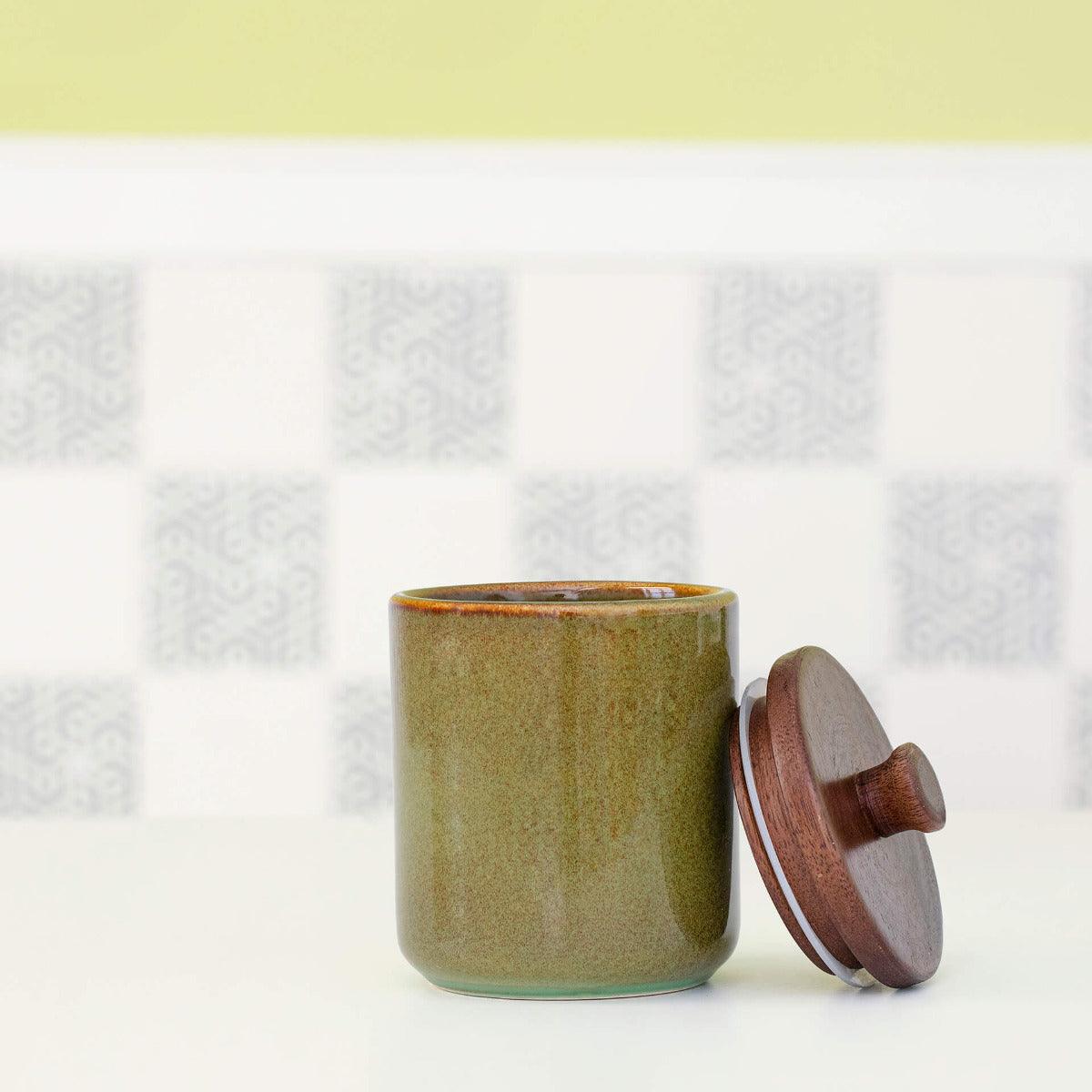 Rustic Sage Ceramic Jar with Wooden Lid (Large)