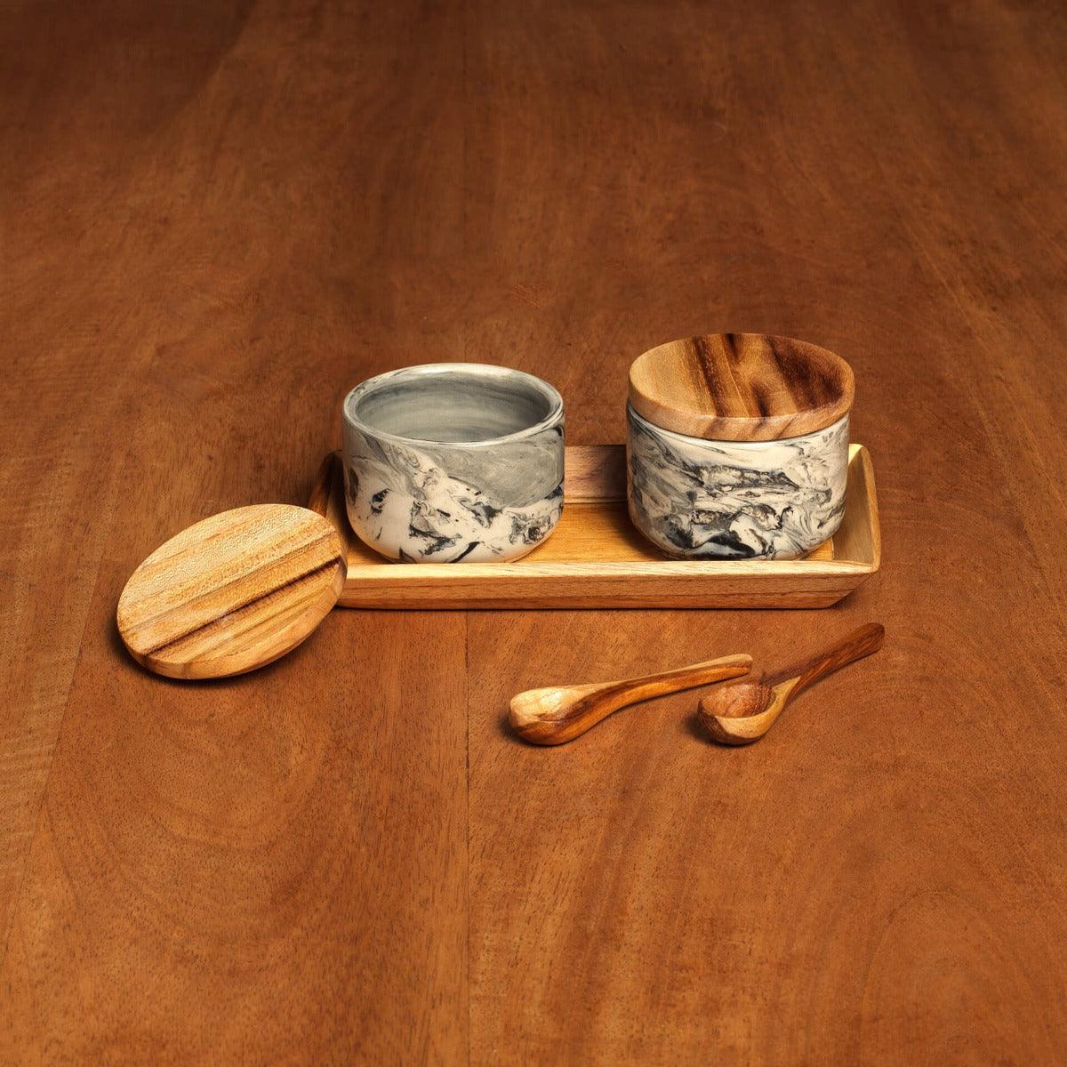 carbon ceramic and wood condiment set
