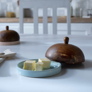 Ceramic Butter Dish Polka Dots W/Wdn Lid Blue