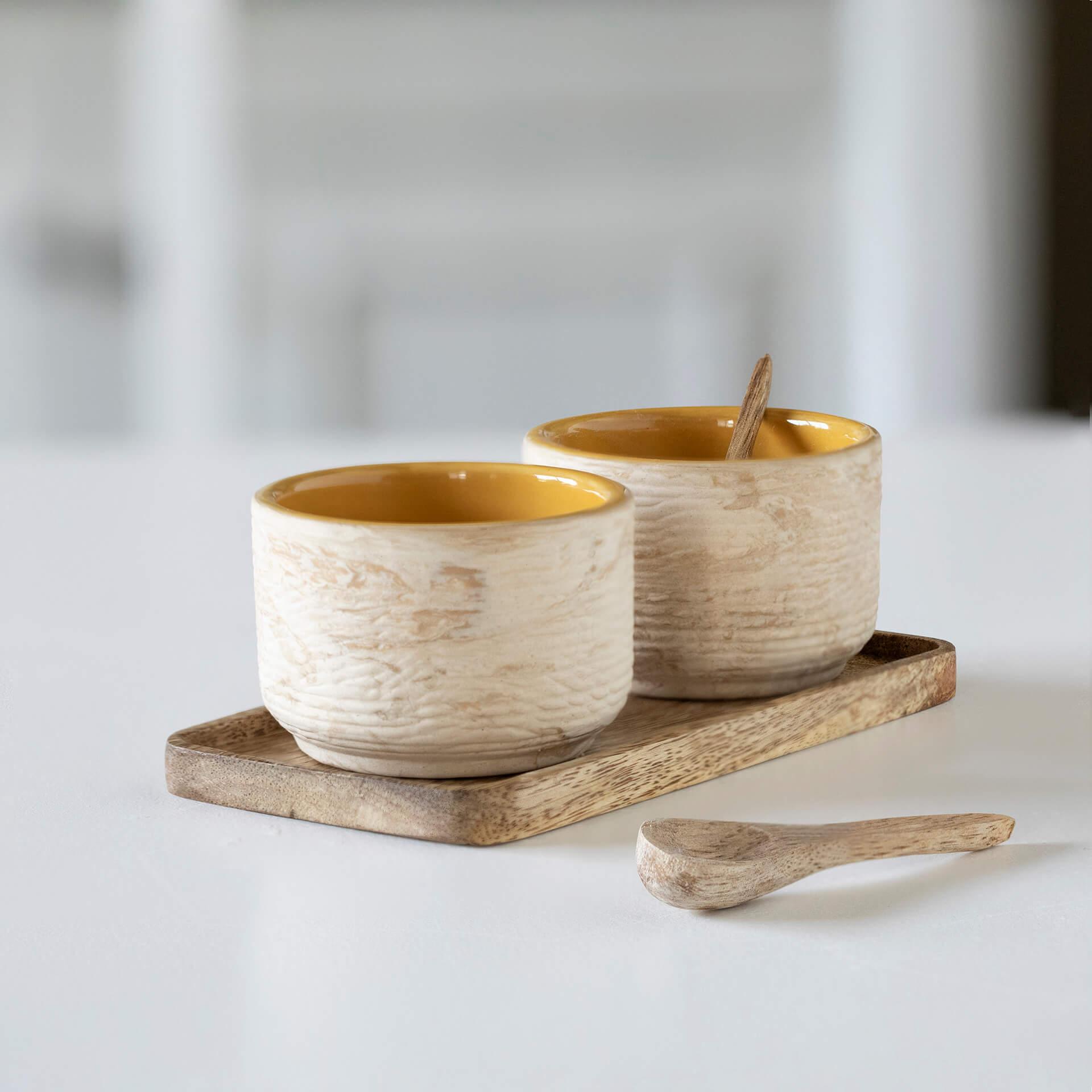 Amber Love Ceramic Condiment Set with Wooden Spoons