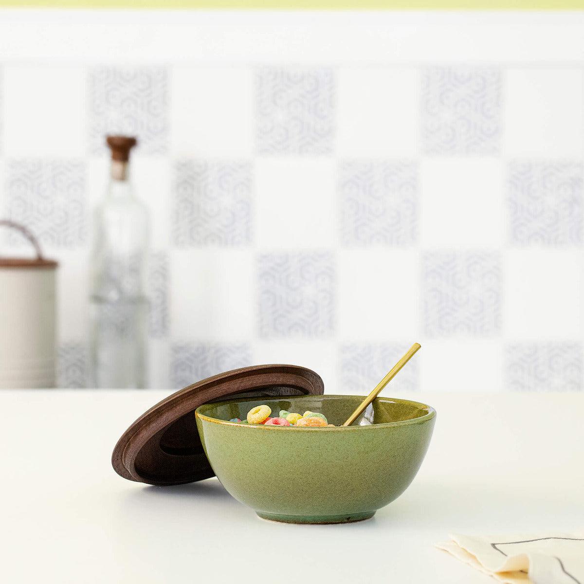 Rustic Sage Ceramic Soup Bowl with Wooden Lid