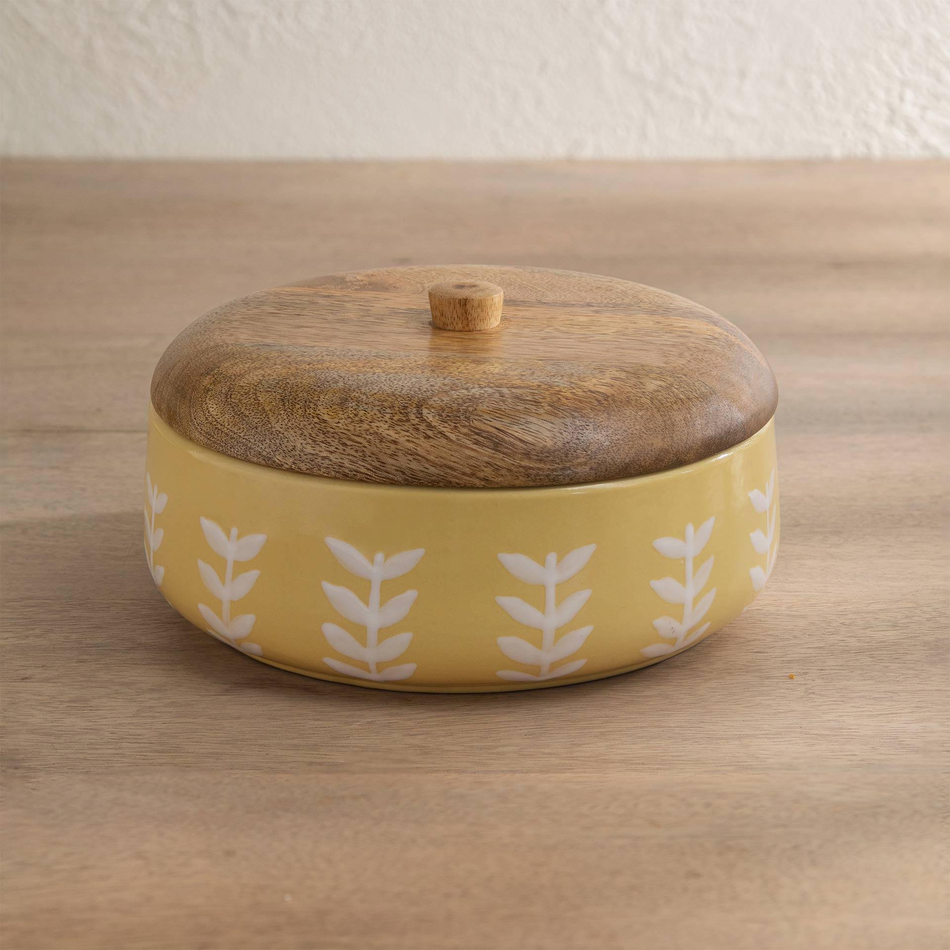 Gamboge ceramic roti box with wooden lid