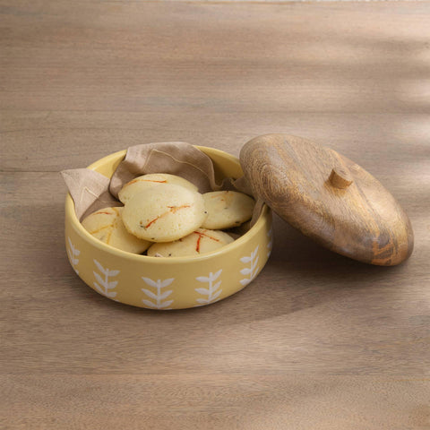 Gamboge ceramic roti box with wooden lid - ellementry