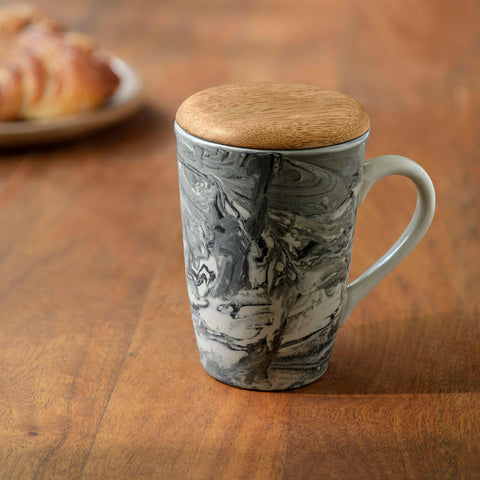 Ceramic Carbon Tall Mug W/Lid cum Coaster - ellementry