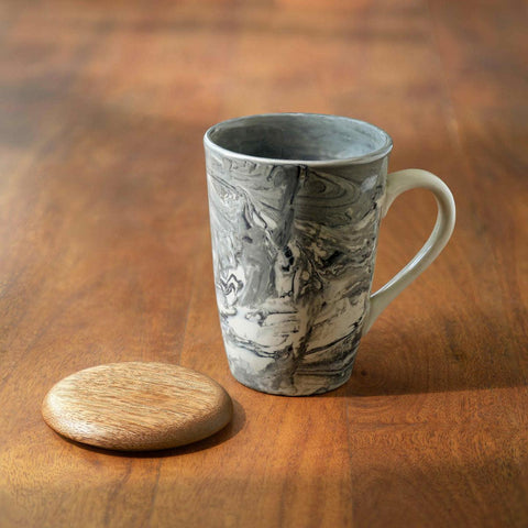 Ceramic Carbon Tall Mug W/Lid cum Coaster - ellementry