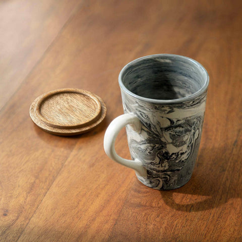 Ceramic Carbon Tall Mug W/Lid cum Coaster - ellementry