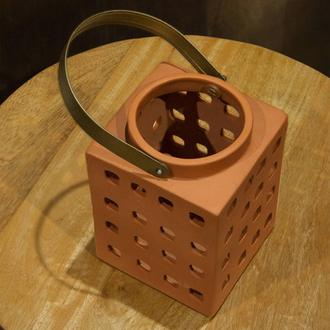 Lupa Terracotta Square Lantern W/Metal Handle - Large - ellementry